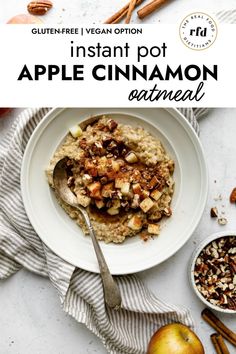 an apple cinnamon oatmeal in a white bowl