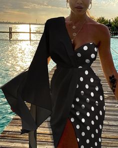 Asymmetrical Turmpet Sleeve Slit Colorblock Dot Print Party Dress, Black / S Asymmetrical Fashion, Printed Dresses Fashion, Party Dress Black, African Fashion Ankara, Classy Dress Outfits, African Print Fashion Dresses, African Design Dresses, Design Dresses, African Print Fashion