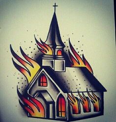 a drawing of a church with flames coming out of it