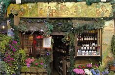 a flower shop with lots of plants and flowers on the outside wall, in front of it