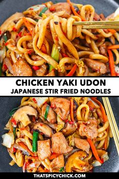 chicken yaki udon with japanese stir fry noodles in a black bowl and on a white plate