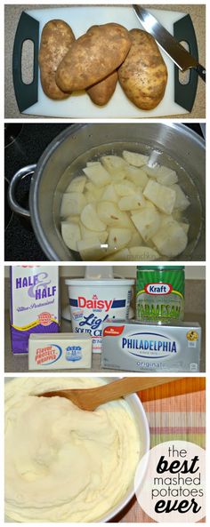 four pictures showing different stages of making potatoes