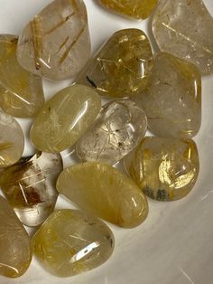 Tumbled and polished rutilated quartz! ✨ You will receive one random pick per purchase. Hogwarts Bedroom, Shiny Rocks, Creepy Core, Xmas Wishes, Golden Rutilated Quartz, Crystals Healing Properties, Crystals Healing, Rutile Quartz, Emerald City