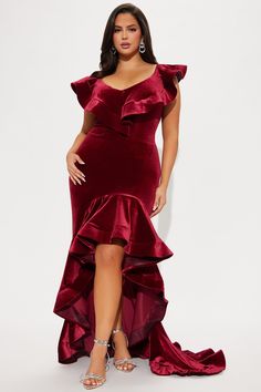 Available In Wine. Velvet Gown V-Neckline Short Ruffle Sleeves High Low Hem Stretch 95% Polyester 5% Spandex Imported | Like A Star Velvet Gown Dress in Wine size Large by Fashion Nova Velvet Dressing Gown, Velvet Gown, Woman Back, Black Tie Event, Gown Dress, Ruffle Sleeves, Matching Dresses, High Low Hem, Black Tie