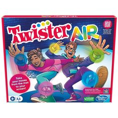 the board game twister air has two people on it and one is holding his hands up