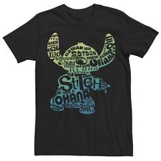 a black t - shirt with the words stitch ohana written in different languages on it