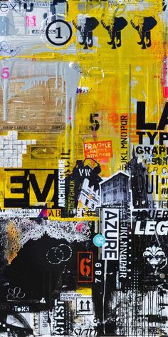 an abstract painting with black, yellow and white colors on it's surface that has words all over it