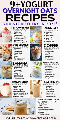 Text reads 9+ Yogurt Overnight Oats Recipes You Need To Try in 2025! Protein Overnight Oats Healthy, Overnight Oats With Milk, Yogurt Overnight Oats, Recipes With Yogurt, Dairy Free Overnight Oats, Delicious Overnight Oats, Care Meals, Oats With Yogurt, Healthy Overnight Oats