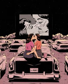 two women sitting on the hood of a car in front of a movie screen, kissing