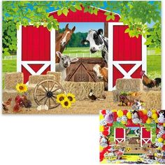 two pictures of farm animals in front of a barn with hay bales and sunflowers