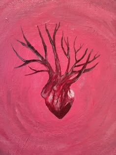 a painting of a heart with branches in the shape of a tree on a pink background