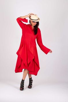 Cotton Dress MARIA Cotton A-line Maxi Dress For Work, Chic Long Sleeve Cotton Midi Dress, Cotton Fitted Maxi Dress For Work, Fitted Cotton Maxi Dress For Work, Cotton Dresses For Spring Workwear, Red Long Sleeve Cotton Dress, Cotton Dresses With Asymmetrical Hem For Fall, Spring Cotton Maxi Dress With Asymmetrical Hem, Fall Cotton Fitted Maxi Dress