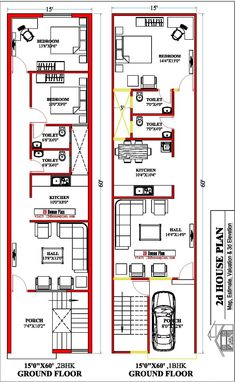 two story house plan with floor plans and elevation details for the ground level, from top to bottom