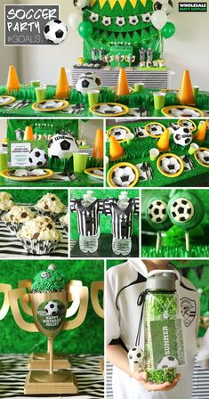 a soccer party with green and yellow decorations