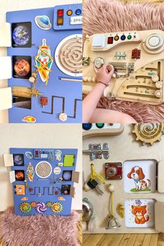 there is a child playing with toys on the floor and in front of it are pictures of children's playrooms