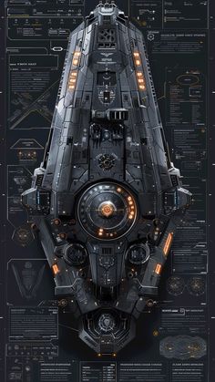 a futuristic ship is shown in this graphic art work, with information about its components