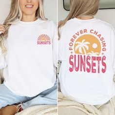 Forever Chasing Sunsets Sweatshirt or Hoodie Two Side Printed, Retro Beach Sweater, Tropical Tee, Retro Summer Sweatshirt, Aesthetic Summer While our standard processing time falls within 1 to 2 business days, you can count on us to have your shirt printed on the same day of your order placement. The sweatshirts and hoodies are cotton/poly mixed.  We employ DTF printing to craft vibrant designs, which are then expertly pressed onto our shirts, ensuring top-notch quality and long-lasting wear. -- White Long Sleeve T-shirt For Beach Season, Beach Season Graphic Print Long Sleeve Sweatshirt, Summer Letter Print Hoodie With Crew Neck, Summer Crew Neck Hoodie With Letter Print, Long Sleeve Graphic Print Sweatshirt For Beach Season, Long Sleeve Graphic Sweatshirt For Beach Season, Beach Season Streetwear Sweatshirt Crew Neck, White Long Sleeve Sweatshirt For Beach Season, Long Sleeve Tops For Beach Season Streetwear