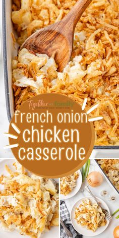 french onion chicken casserole in a baking dish with a wooden spoon on the side