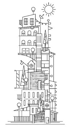 a black and white drawing of a tall building with lots of windows on top of it