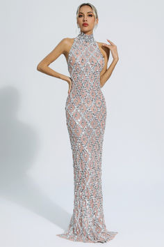 Elevate your evening looks with the exquisite Louise Silver Diamond Maxi Dress. Embellished with sparkling diamond, perfect for formal occasions. This sleeveless, sexy gown showcases sophistication and style. Make a statement in this stunning long dress, crafted for the empowered and confident woman. --Dress Length: Approx 155cm --Materials: Spandex The model is 5 ft 74 and wears size S Quinceanera Mom Dress Mothers, Bridal Shower Dresses For Guest, Dress 2024 Trend, Silver Gowns Elegant, Sparkle Formal Dress, Pageant Wardrobe, Abi Ball, Disney Fairytale Wedding Dress, Bridal Apparel