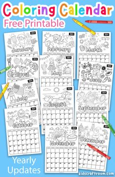 12 monthly free printable coloring calendar pages spread out on a blue background with wax crayons lying nearby. Free Printable 2023 Coloring Calendar, 2025 Calendar Printable Free, Calendar Worksheets 2nd Grade, Activity Calendar Template, Fill In Calendar Free Printable, Printable Coloring Calendar 2024, Handprint Calendar, Calendar Worksheets, Preschool Charts