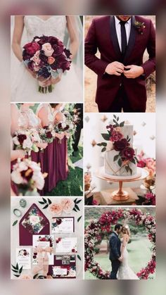 a collage of photos with different wedding colors and flowers on them, including red