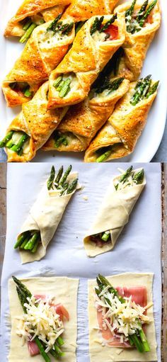 asparagus and prosciutto empanada pastries on a white plate