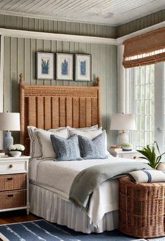 a bedroom with wicker furniture and blue accents