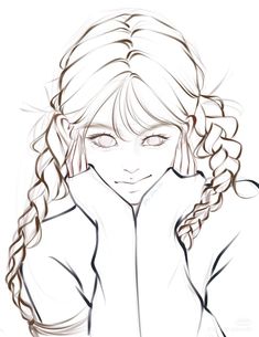 a drawing of a girl with long hair and braids, looking down at her face