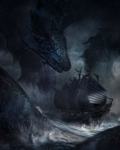 a dragon attacking a ship in the ocean with another boat below it on a stormy day