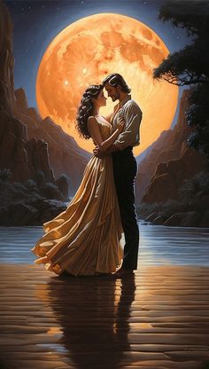 a painting of a man and woman kissing in front of a full moon over water