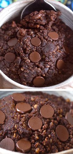 two pictures of chocolate cake in a pan