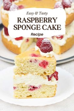 raspberry sponge cake on a plate with the words easy and tasty