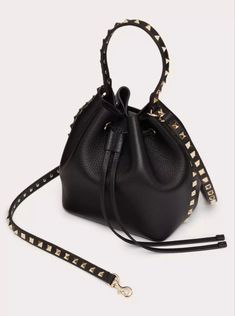 Pebbled Leather Bucket Bag, Leather Evening Bag With Rivets, Evening Leather Bag With Rivets, Studded Leather Crossbody Bag, Formal Leather Bags With Studs, Designer Leather Shoulder Bag With Studs, Black Leather Bags With Studs, Formal Black Shoulder Bag With Studs, Valentino Women