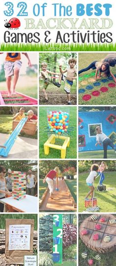 many different pictures of children playing in the yard and on the lawn with their toys