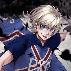 an anime character with blonde hair and blue eyes wearing a british flag t - shirt