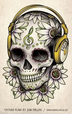 a skull with headphones on it's face is shown in this tattoo design