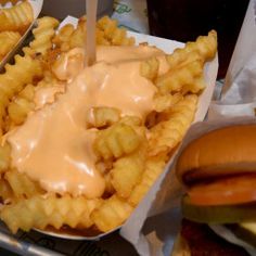 a tray filled with french fries covered in cheese