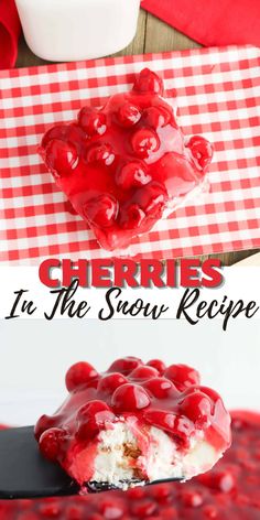 cherries in the snow recipe on a spoon with red and white checkered table cloth