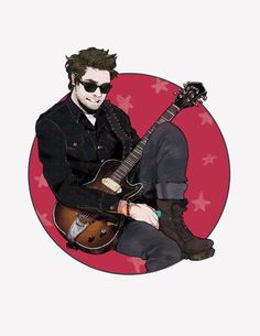 a man sitting on top of a red circle holding a guitar in his hands and wearing sunglasses