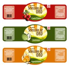 three labels with different fruits and vegetables on them, one for the label is labeled selection de oro