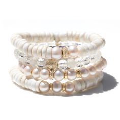 14k yellow gold Natural white pearls; diamonds, approximately 0.25 carats 8mm smooth round beads, 5 6mm diamond rondelles 7 ½" long bracelet; Inner circumference of 6 ¼ inches Slip-on style Designed and handmade in California Style number: BG001006 Long Bracelet, Jewel Colors, Stacked Necklaces, Puka Shell, Mixed Metal Jewelry, Shell Bracelet, California Style, Shell Beads, White Pearl