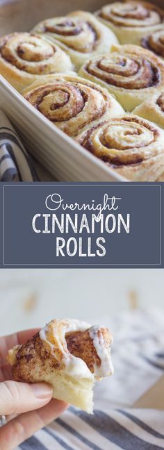 cinnamon rolls with icing in a baking pan on a striped tablecloth and the title overlay reads, overnight cinnamon rolls