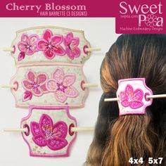 This beautiful hair barrette has pretty cherry blossoms applique and can be made in 4x4 and 5x7 hoops. There are three versions of the hair barrette; the 4x4 features one flower, one 5x7 design features 2 flowers and the last 5x7 design features 3 flowers. Each design comes with openings for a securing stick to go thro Hoop Embroidery Ideas, Dinosaur Quilts, Accessories Moodboard, Cherry Blossom Hair, Hair Pins Diy, Embroidery Designs For Sale, Embroidering Machine, Dinosaur Quilt, Machine Embroidery Quilts