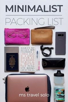 an image of the back cover of a book with many items on it and text that reads, minimalist packing list