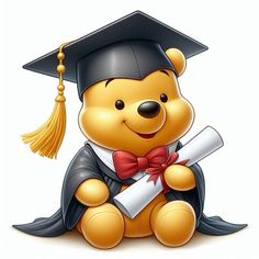 a teddy bear wearing a graduation cap and holding a diploma