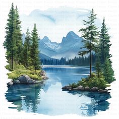 a watercolor painting of mountains and trees on the shore of a lake with blue water