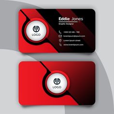 a business card with a red and black design on the front, and a white logo on the back