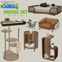 an assortment of furniture including a cat bed, sofa and table with plants on it