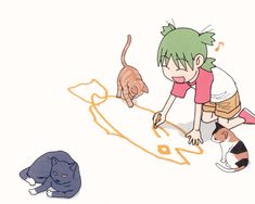 a drawing of a girl playing with cats and an elephant next to her on a white background